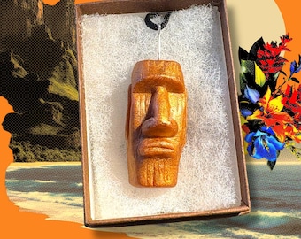 Halskette mit Osterinsel-Kopf – Verstellbares Band, Tiki-Anhänger in Kupferoptik