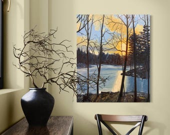 Sunset on the Lake Canvas Art Print: Tranquil Winter Scene