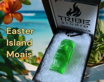 Osterinsel-Kopf-Halskette – Verstellbare Kordel, Tiki-Anhänger, Moai-Moi mit Jade-Finish