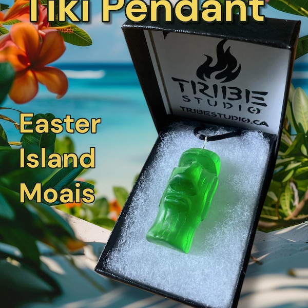 Collar con cabeza de Isla de Pascua - Cordón ajustable, colgante tiki, moai con acabado de jade