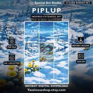 Puede incluir: Un conjunto digital de 9 tarjetas con arte extendido inspirado en Piplup. La imagen muestra un paisaje nevado con montañas y flores amarillas, organizado en una cuadrícula. El texto incluye Special Art Studio, Piplup e Instant Digital Download.