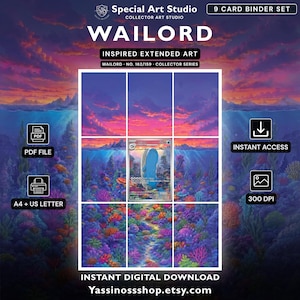 Könnte beinhalten: Ein digitales 9-Karten-Binder-Set mit erweiterter Wailord-Grafik. Das Bild zeigt einen lebhaften Sonnenuntergang über einem Unterwasser-Korallenriff. Der Text umfasst Special Art Studio, Wailord, Inspired Extended Art, PDF File, A4 + US Letter, Instant Access, 300 DPI und Yassinossshop.etsy.com.