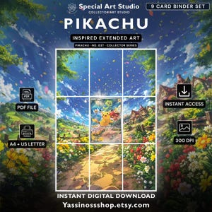 Puede incluir: Un set de 9 tarjetas para archivador con arte extendido inspirado en Pikachu. La descarga digital incluye un archivo PDF para impresión en A4 y US Letter a 300 DPI. La imagen muestra un paisaje vibrante con flores, árboles y un camino, con texto que incluye Special Art Studio, Pikachu y Yassinossshop.etsy.com.