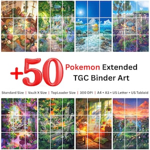 Könnte beinhalten: Eine Sammlung von 50 digitalen Pokemon Extended TCG Binder Art Designs mit verschiedenen illustrierten Szenen, darunter Innenräume, üppige Gärten, tropische Meere und Waldlandschaften, mit dem Text +50 Pokemon Extended TGC Binder Art.