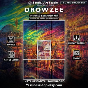 Pode incluir: Um conjunto de 9 cartões para arquivador com arte estendida inspirada em Drowzee. O download digital inclui um arquivo PDF nos tamanhos A4 e US Letter a 300 DPI. A arte retrata uma cena de parque de diversões vibrante e colorida ao pôr do sol.