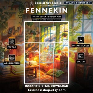 Può includere: Un set di 9 carte con arte estesa ispirata a Fennekin. Il download digitale include un file PDF per la stampa in formato A4 e US letter a 300 DPI. L'illustrazione raffigura una stanza soleggiata con piante, libri e una carta di Fennekin.
