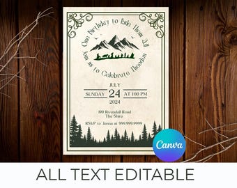 Invitación de cumpleaños minimalista de fantasía inspirada en El Señor de los Anillos, plantilla élfica editable de Canva (descarga digital)