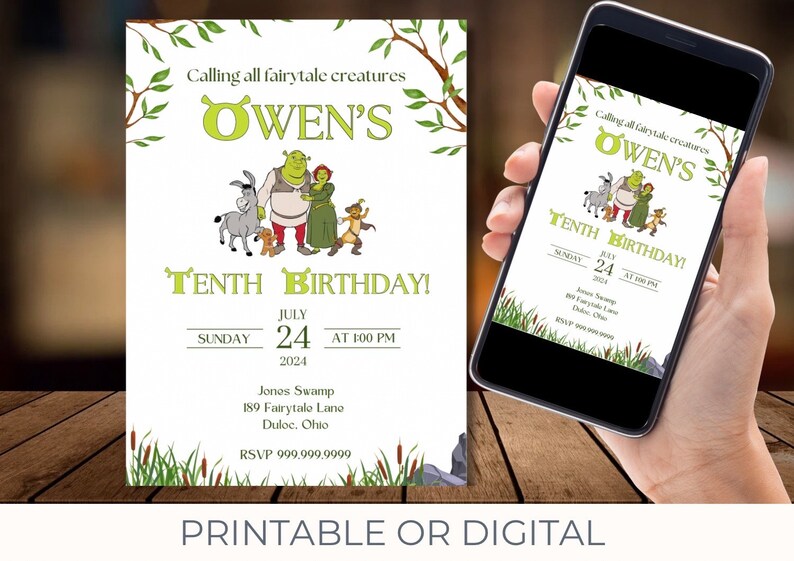 Op de afbeelding: Een printbare of digitale uitnodiging voor een 10e verjaardag. De uitnodiging heeft een groene achtergrond met een cartoonafbeelding van Shrek en andere personages uit de film Shrek. De tekst op de uitnodiging luidt "Calling all fairytale creatures Owen's Tenth Birthday!" en bevat de datum, tijd en locatie van het feest.