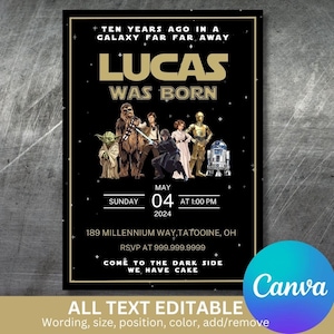 Puede incluir: Una tarjeta de invitación rectangular negra con texto dorado y un grupo de personajes de ciencia ficción. El texto dice: TEN YEARS AGO IN A GALAXY FAR FAR AWAY, LUCAS WAS BORN, MAY SUNDAY 04 AT 1:00 PM 2024, 189 MILLENNIUM WAY, TATOOINE, OH, RSVP AT 999.999.9999, COME TO THE DARK SIDE WE HAVE CAKE.