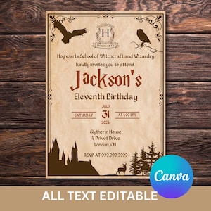 May include: A rectangular invitation card with a parchment-style background featuring dark brown text and graphics. It displays a Hogwarts crest, an owl, a flying bird, a castle silhouette, a deer, and trees. The text reads Jackson's Eleventh Birthday.