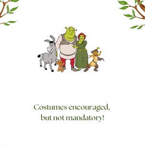 Op de afbeelding: Een groene ogre, een prinses, een ezel en een kat in cartoon-stijl. De tekst luidt "Kostuums worden aangemoedigd, maar zijn niet verplicht!"