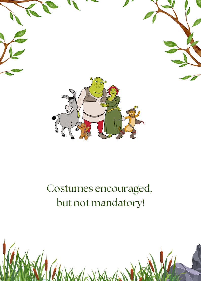 Op de afbeelding: Een groene ogre, een prinses, een ezel en een kat in cartoon-stijl. De tekst luidt "Kostuums worden aangemoedigd, maar zijn niet verplicht!"