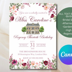 Editable Regency Birthday Invitation, Pride and Prejudice Garden Party Invite, 30th Birthday, Digital Download, Canva Template
