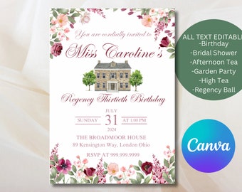 Regency Geburtstagseinladung, Blumen Gartenparty, Canva Vorlage (Digitaler Download)