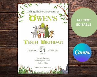 Editable Shrek Birthday Invitation, Shrek Party Invite, Digital Download, Canva Template
