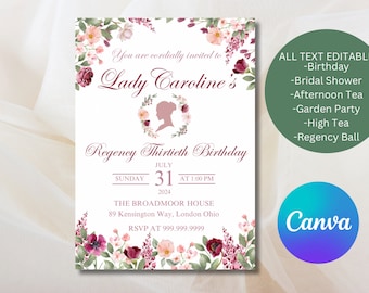 Editable Regency Birthday Invitation, Pride and Prejudice Bday Invite, Bridgerton Party Invitation, Digital Download, Canva Template