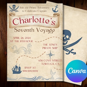 Faire-part d'anniversaire pirate modifiable, carte au trésor pour enfants, invitation à une fête d'anniversaire, modèle de toile en téléchargement numérique