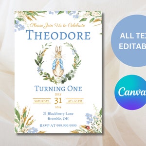 Invito di compleanno modificabile con Peter Rabbit, invito per il compleanno di Peter Rabbit classico blu, prima festa di compleanno per ragazzo, download digitale, modello Canva