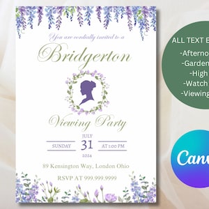 Bewerkbare Bridgerton-uitnodiging voor feest, Bridgerton Viewing-feestuitnodiging, Watch Party, Afternoon Tea, digitale download, Canva-sjabloon