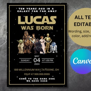 Bearbeitbare Star Wars-Geburtstagseinladung, Star Wars-Party einladen, digitaler Download, Canva-Vorlage
