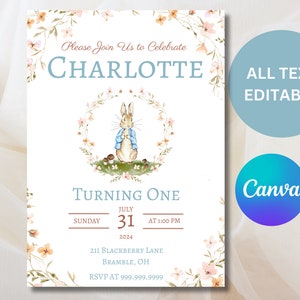 Bearbeitbare Peter Rabbit-Einladung, klassisches Häschen einladen, erster Geburtstag, Blumenmädchen-Party druckbar, Canva-Vorlage