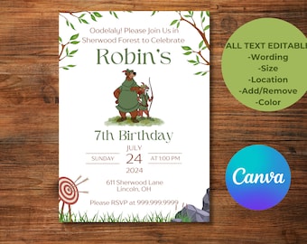 Editable Robin Hood Birthday Invitation, Classic Robin Hood Cartoon Bday Party Invite, Robin Hood Fox Movie, Canva Template