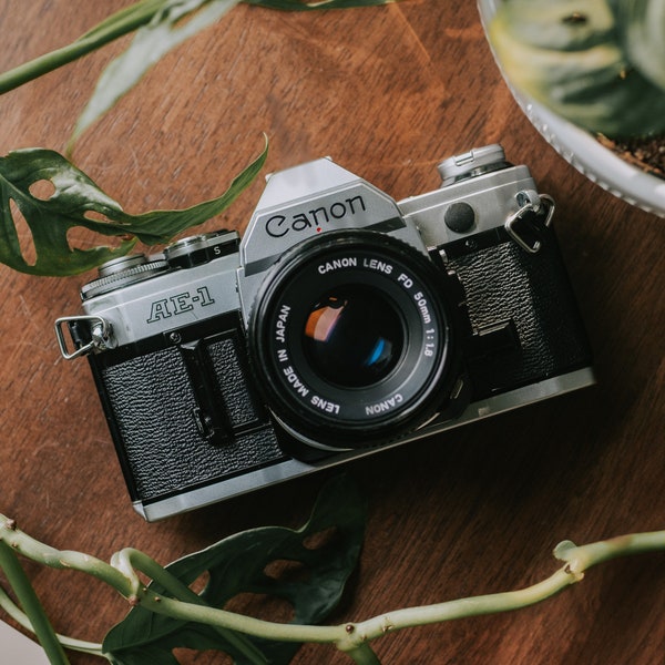 Canon AE-1 35mm SLR Vintage Film Camera with Canon 50mm f1.8 Lens, Great Beginner Film Camera