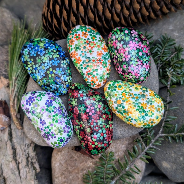 Flower Patch Hand Painted Rocks, Colorful Nature Inspired Stones, Palm Stone, Handmade Abstract Floral Art Pebbles, Garden Rocks, Rainbow