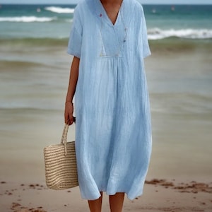 Stylish V-Neck Linen Dress for Summer Womens Trendy Fashion Cotton Linen Apparel Comfortable Chic Look Casual Loose Fit Short Sleeve Beach