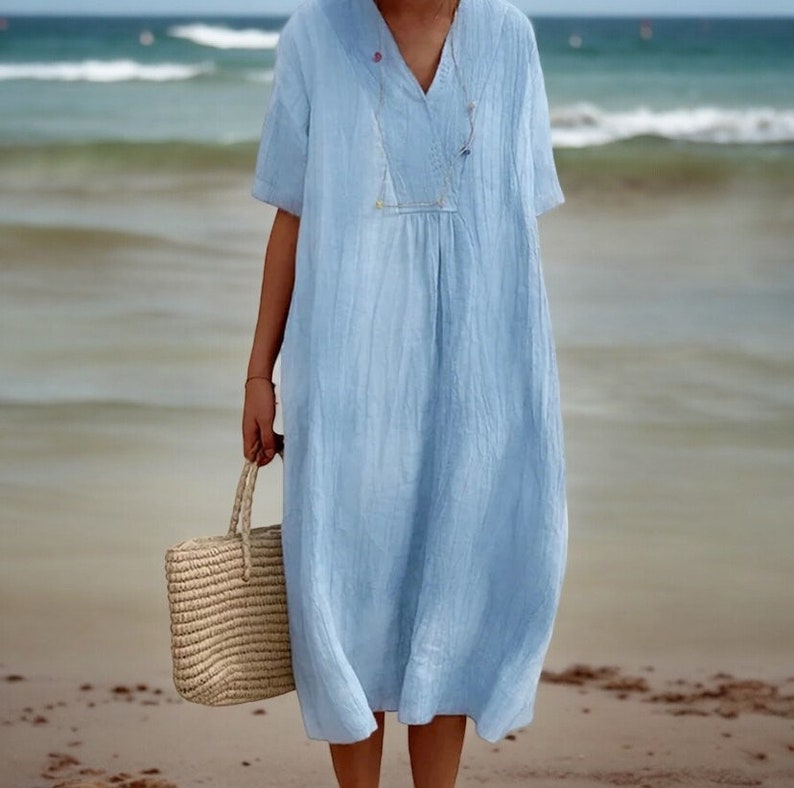 Stilvolle V-Ausschnitt Leinen Kleid für Sommer-Frauen Trendy Mode Baumwolle Leinen Bekleidung Komfortable Chic Look Casual Loose Fit Kurzarm Strand Bild 1