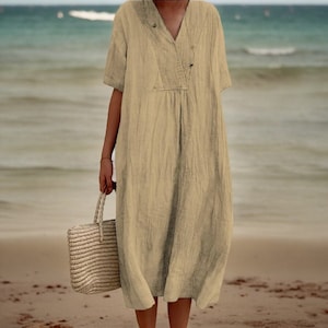Stylish V-Neck Linen Dress for Summer Womens Trendy Fashion Cotton Linen Apparel Comfortable Chic Look Casual Loose Fit Short Sleeve Beach zdjęcie 5