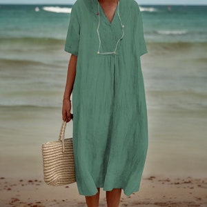 Stylish V-Neck Linen Dress for Summer Womens Trendy Fashion Cotton Linen Apparel Comfortable Chic Look Casual Loose Fit Short Sleeve Beach zdjęcie 2