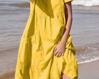 Bawełniana lniana sukienka damska oversize - sukienka midi z krótkim rękawem letnia sukienka sukienka plażowa z kieszeniami luźna sukienka letnia sukienka