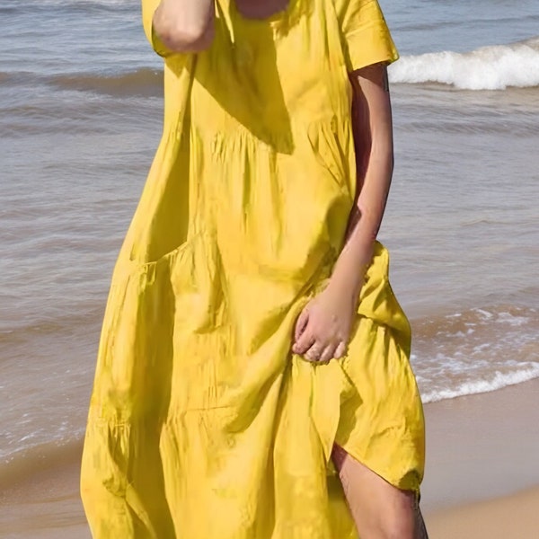 Robe femme oversize en coton et lin - Robe midi Robe d'été à manches courtes Robe de plage avec poches Robe ample Robe d'été