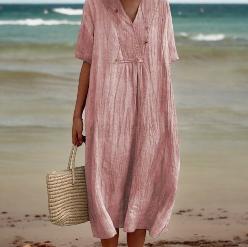 Stylish V-Neck Linen Dress for Summer Womens Trendy Fashion Cotton Linen Apparel Comfortable Chic Look Casual Loose Fit Short Sleeve Beach zdjęcie 3