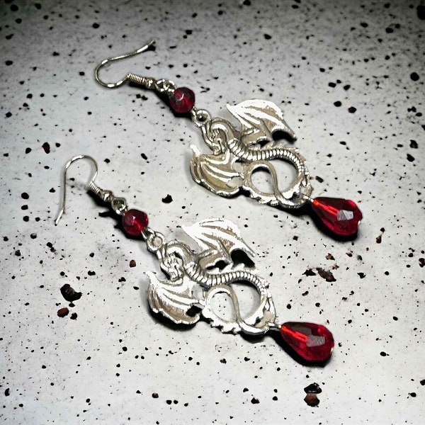 Red Dragon Earrings | Bold Gothic Fashion | Statement Fantasy Jewellery | Mystical Dragon Accessories | Edgy Red Fashion