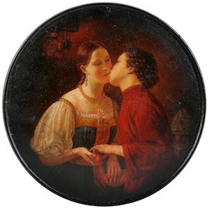 Lacquer box &quot;Paschal greeting&quot;, Vishnyakov Manufactory, Russia (Russian Empire), 1880s