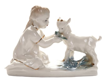 Porcelain figure &quot;Girl with a kid&quot;, Turyginsky Porcelain Factory (Gzhel), Russia (USSR), 1950s - 1960s