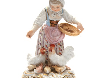 Porseleinen beeld "Meisje dat kippen voedt", Meissen, Duitsland, eind 19e eeuw