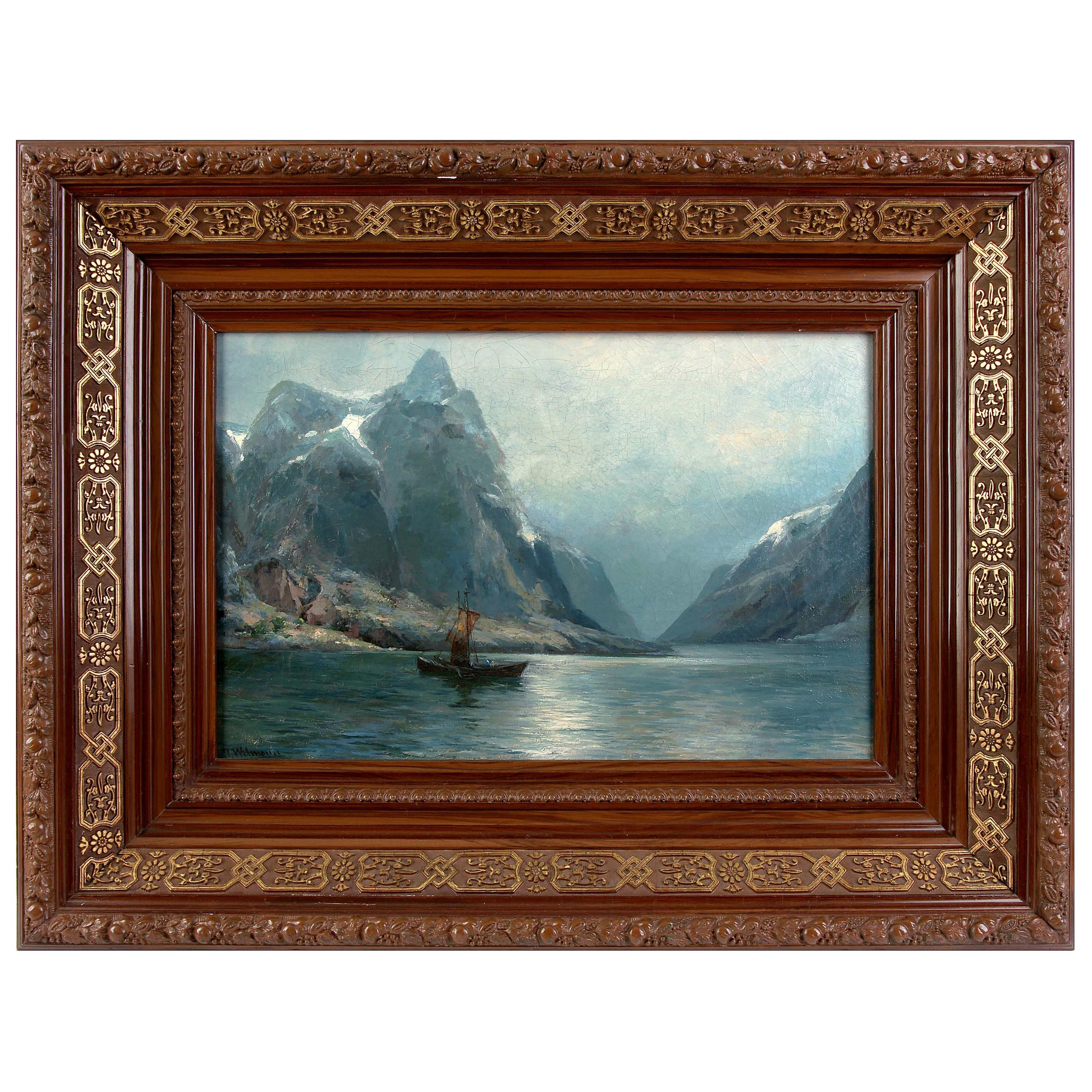 絵画「フィヨルドのある山の風景」、ウィルマン J.、ヨーロッパ、19 