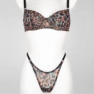 Leopard print mesh lingerie set, Animal lingerie set, Bra and panties set, Custom made size lingerie