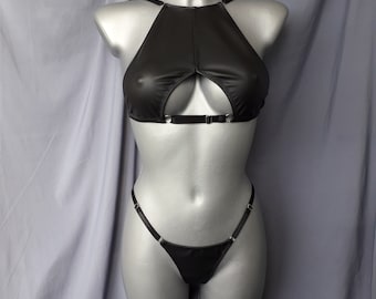 Conjunto de lencería de piel sintética negra, traje de pole dance, caliente, lencería de arnés, lencería bdsm, erótica, ropa de festival, lencería sexy hecha a mano