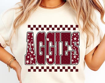 Checkered Aggies T-Shirt Design • PNG • Game Day Checkered Digital Download • College Spirit Shirt Graphic • Sublimation