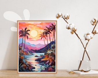 Könnte beinhalten: Ein digitales Gemälde einer tropischen Sonnenuntergangslandschaft mit Palmen, einem Fluss und Bergen im Hintergrund. Der Himmel ist in leuchtendem Pink und Orange gehalten, und die Sonne geht hinter den Bergen unter.