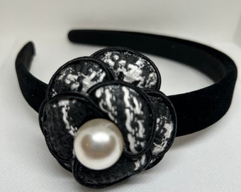 Camellia Headband, pearl Black Headband Velvet headband vintage Wide headband sponge,  black classic headband, camellia flower headband