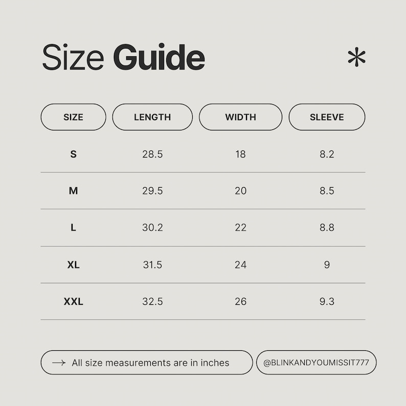 May include: Size guide chart with measurements in inches for sizes S, M, L, XL, and XXL. The chart shows length, width, and sleeve measurements for each size.