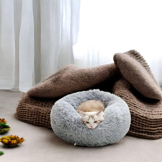 Warm Cozy Cat Dog Plush Pet Felted Bed, Washable Donut Shaped Cat Nest, Pet Lovers Gift
