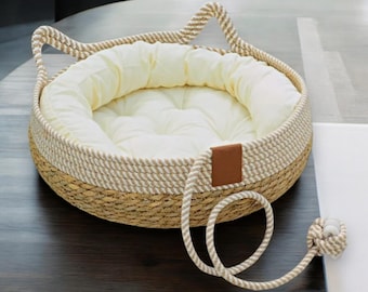 Ninho aconchegante e trançado para gatos com brinquedo incluso, presente perfeito para animais de estimação, tronco de bambu para brincar, cesta ideal para gatos, presente de Natal.