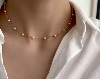Collar de gargantilla flotante con cuentas de perlas de plata y oro diminuto de 14 k / regalo de aniversario de joyería de gargantilla de oro fino