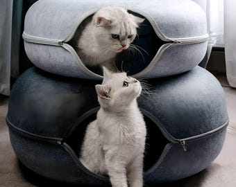Cama/sofá aconchegante em formato de donut para gatos, cães e gatinhos, túnel divertido para ambientes internos, presente perfeito para amantes de animais de estimação.